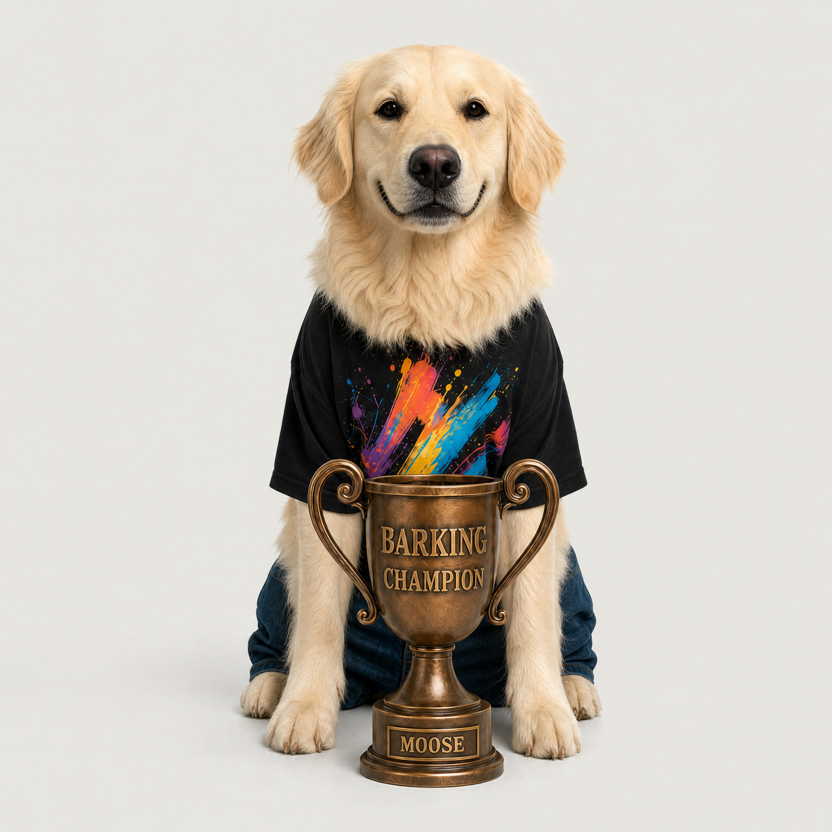 Example of a personalized dog portrait in The Barking Champion outfit