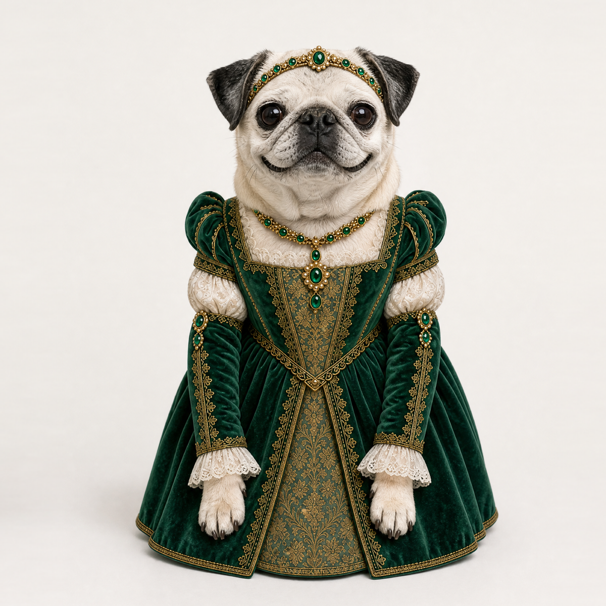 Example of a personalized dog portrait in The Lady outfit