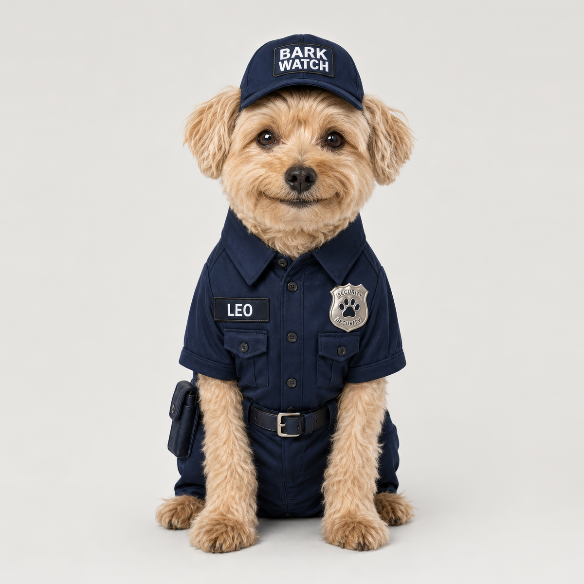 Example of a personalized dog portrait in The Security Guard outfit